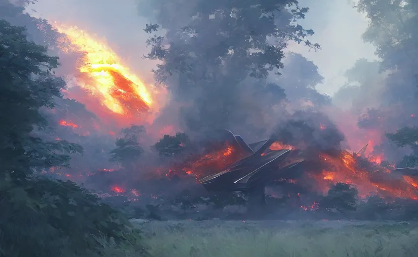 Image similar to a spaceship on fire and smoke crashed in a forest, smoke and fire. By Makoto Shinkai, Stanley Artgerm Lau, WLOP, Rossdraws, James Jean, Andrei Riabovitchev, Marc Simonetti, krenz cushart, Sakimichan, trending on ArtStation, digital art.