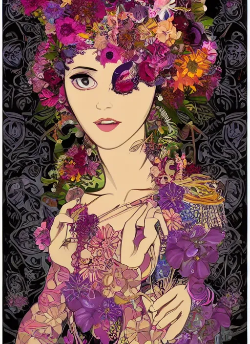 Image similar to !!! very coherent!!! vector art, beautiful floralpunk balinese cyborg portrait girl female illustration detailed patterns art of bali traditional dress, hands wearing gloves, flower pop art, floral splash painting, art by ashley wood, alphonse mucha, makoto shinkai, geof darrow, dark shadow