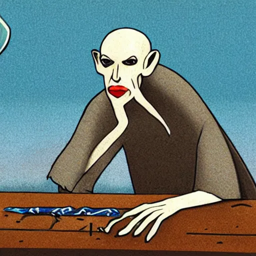 Image similar to portrait of nosferatu lying on the beach, aside a table with beer garlic cigarettes,