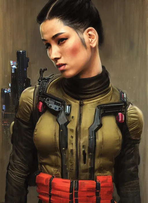 Image similar to Makate. dangerous beautiful cyberpunk female Asian USN marine wearing a military vest and military jumpsuit (cyberpunk 2077, bladerunner 2049). gorgeous face. Iranian orientalist portrait by john william waterhouse and Edwin Longsden Long and Theodore Ralli and Nasreddine Dinet, oil on canvas. Cinematic, hyper realism, realistic proportions, dramatic lighting, high detail 4k