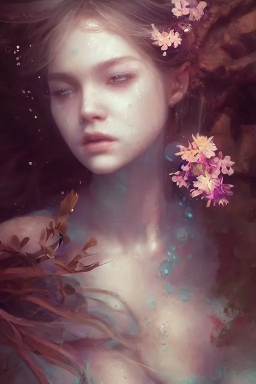 Image similar to face closeup a young beautiful girl drowned in water, underwater photography, nymph, siren, 3 d render, hyper realistic detailed portrait, holding magic flowers, ruan jia, wlop. scifi, fantasy, hyper detailed, octane render, concept art, by peter mohrbacher, by wlop, by ruan jia