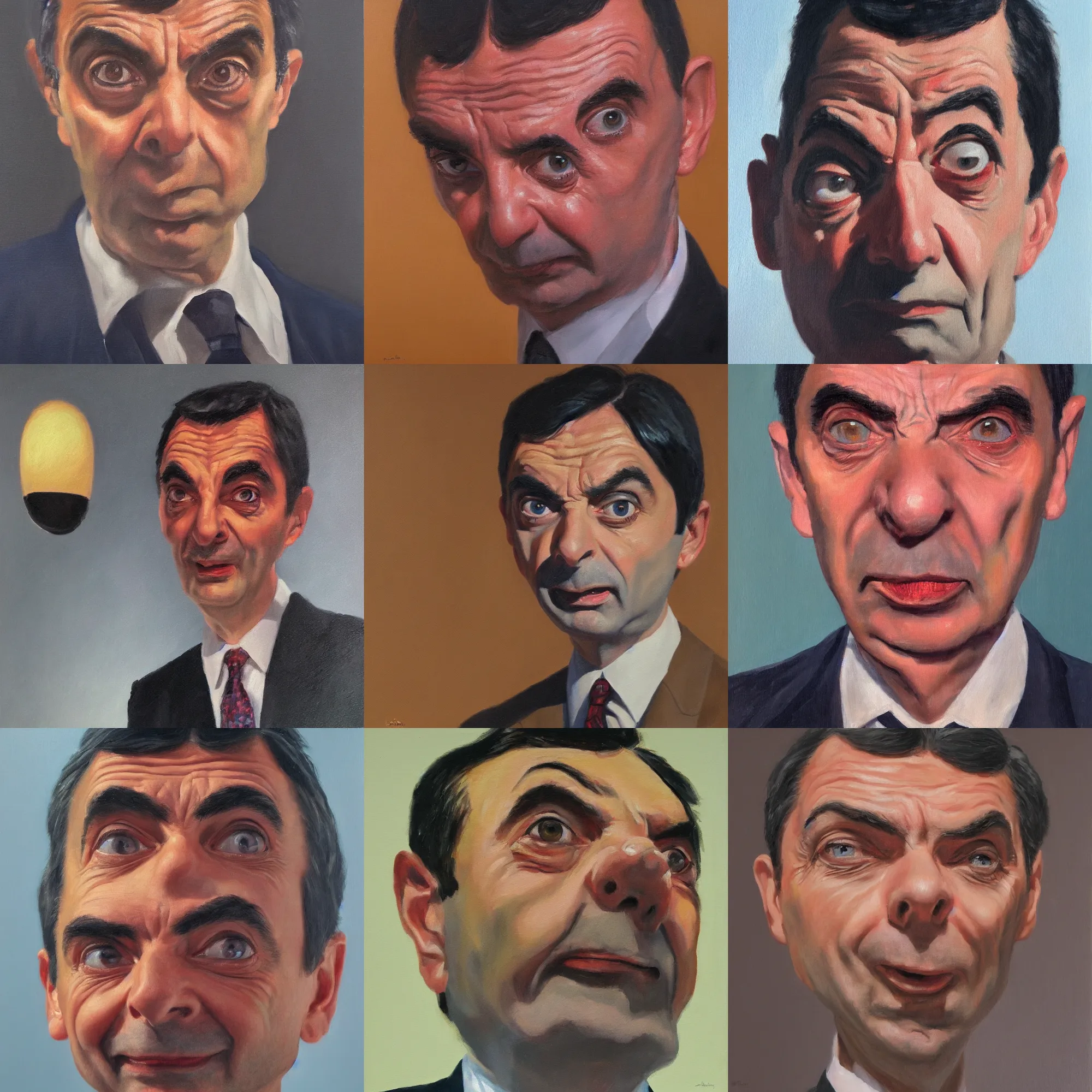 Prompt: portrait of mr bean, face, award winning lighting and composition, oil painting