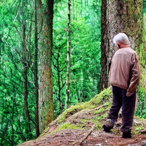 Prompt: an old man looking to sea from forest, animals in forest