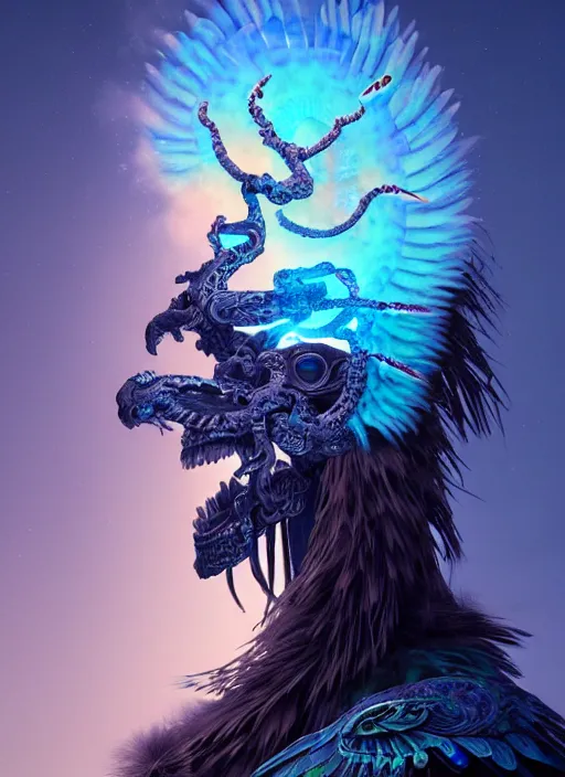 Image similar to 3 d shaman with tattoos profile portrait, sigma 5 0 0 mm f / 5. beautiful intricate highly detailed quetzalcoatl skull and feathers. bioluminescent, plasma, frost, water, wind, creature, gradient background, thunderstorm! artwork by tooth wu and wlop and beeple and greg rutkowski, 8 k trending on artstation,