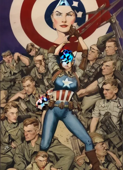 Prompt: beautiful female captain america standing on a pile of defeated, beaten and broken german soldiers looking toward berlin. feminist captain america wins wwii. american wwii propaganda poster by james gurney and pixar. gorgeous face. long braids. overwatch.