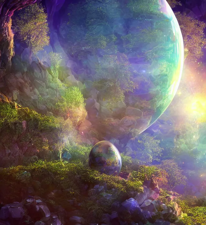 Prompt: a magical and exquisite fantasy illustration of an intricate and faceted crystal ball with a world inside of it + dissolving in to light + prism + god rays + dramatic lightning + backlit + specular highlights + ambient occlusion + global illumination + bump map + reflective + caustics + refractive + unreal engine 5 + DOF + sharp focus, digital artwork by Peter Mohrbacher and Greg Rutkowski