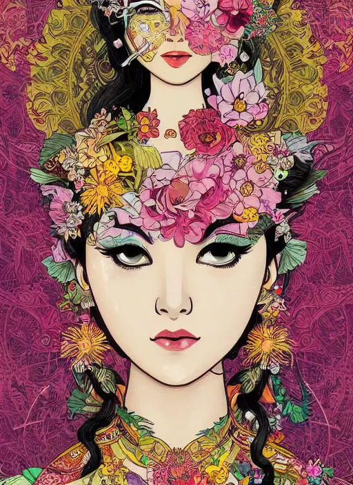 Image similar to !!! very coherent!!! beautiful floralpunk balinese cyborg portrait girl female illustration detailed patterns art of bali traditional dress, flower pop art, floral splash painting, art by geof darrow, ashley wood, alphonse mucha, makoto shinkai, dark shadow, colorful high contrast