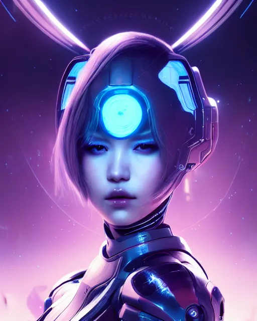 Image similar to perfect android girl on a mothership, warframe armor, beautiful face, scifi, futuristic, galaxy, nebula, bae suzy, dreamy, long white hair, blue cyborg eyes, sharp focus, cinematic lighting, highly detailed, artstation, divine, by gauthier leblanc, kazuya takahashi, huifeng huang