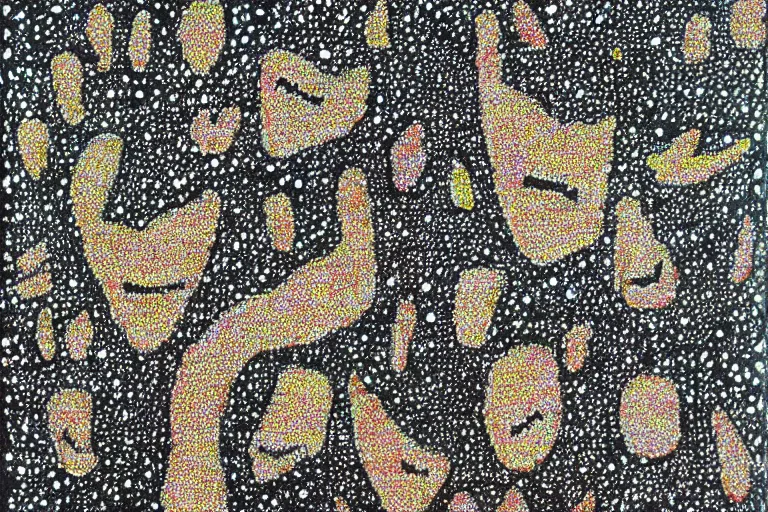 Image similar to teeth, smile, faceless people, black figures, dark, acrylic, clay, dots abstract, dripping, stipple, pointillism, technical, abstract, minimal, style of francis bacon, asymmetry, pulled apart, stretch, cloak, eerie, made of dots, abstraction chemicals, blotter, mask, colored dots, splotch, old painting style