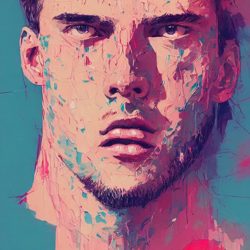 Image similar to close up portrait painting of a male in nineties street styling, concept art, intricate details, aesthetically pleasing pastel colors, art by conrad roset, impressionism, portrait