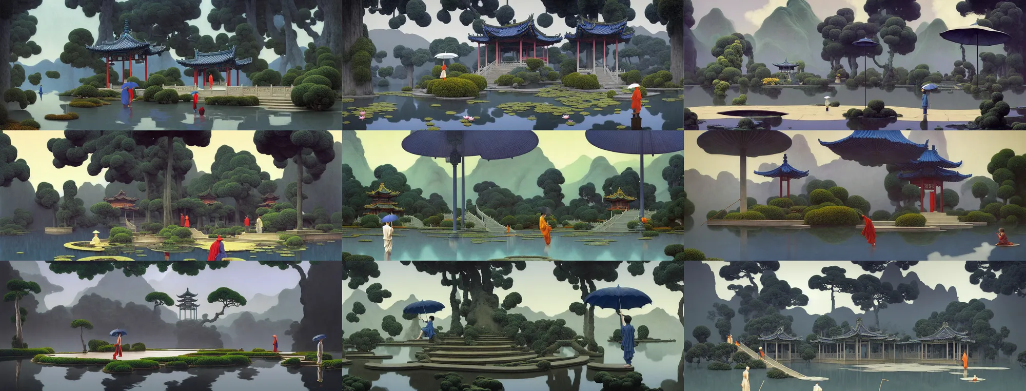 Image similar to a gorgeous landscape painting by barlowe wayne maxfield parrish and marco mazzoni. rainy mood. chinese temple. grey blue. just one boy with umbrellas on the winding steps. lotus lake. ultra clear detailed. 3 d, octane render. turbulent blood lake.