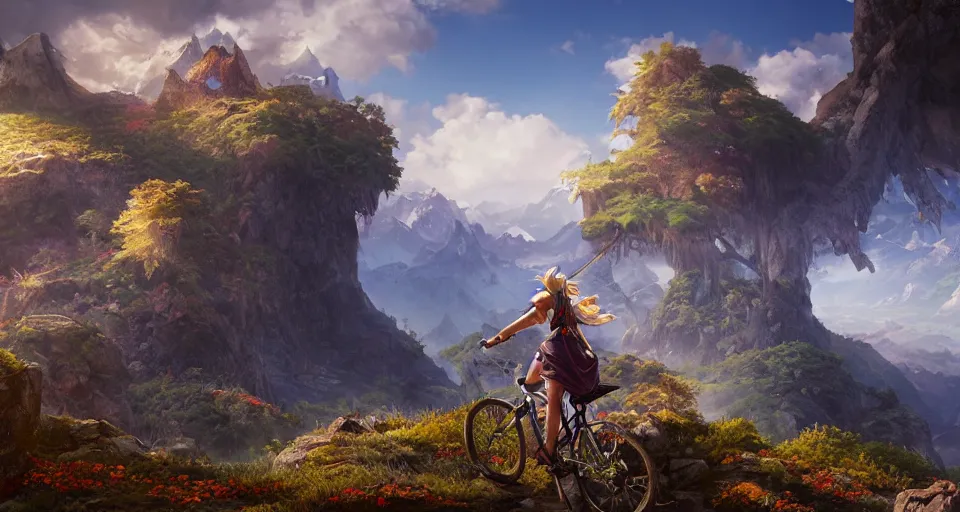 Prompt: An epic fantasy anime style landscape painting of a Mountainrange, with a Mountainbiker and a blue umbrella, unreal 5, DAZ, hyperrealistic, octane render, dynamic lighting