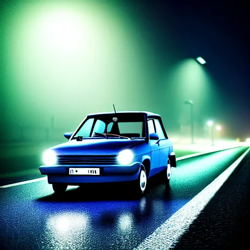 Image similar to a car Lada 1300 in the middle of a road on the night city, blue color grading, cinematic color grading , unreal 5, hyperrealistic, realistic, photorealistic, dynamic lighting, highly detailed, cinematic landscape, studio landscape, studio lighting