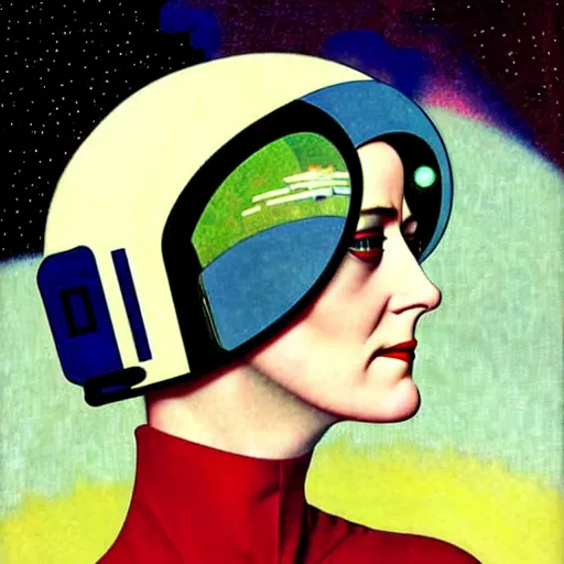 Image similar to art by coles phillips, eva green as a french astronaut from the year 2 5 0 0, blonde hair, blue makeup, green eyes, shiny helmet, mucha, kandinsky, art deco, dark deco,