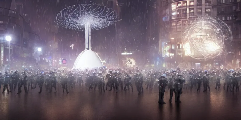 Image similar to policemen protecting a huge spiral - shaped bright white luminous attractor right in the center of the city from protesting people,, rain and light fog, professional lighting, concept art in 3 d, high detail, professional lighting, unreal engine