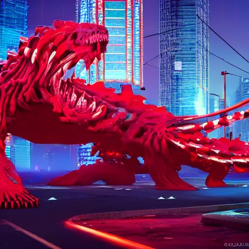 Prompt: a surreal 3 d octane render light tracing scene of a futuristic tokyo at night and a huge red water beast made of bones and muscle and blood is engrossing half the city. award winning trending on art station pixar lisa frank