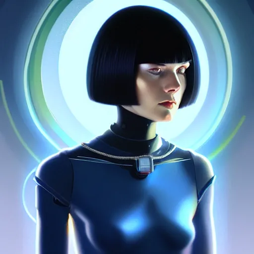 Image similar to woman with dark bobcut haircut with friendly blue eyes and slim features looking askance, cyberpunk bionics, retro - futurist style, intricate, elegant gleaming jewelry, angelic halo, highly detailed, digital painting, artstation, concept art, smooth, sharp focus, illustration, art by wlop, mars ravelo and greg rutkowski