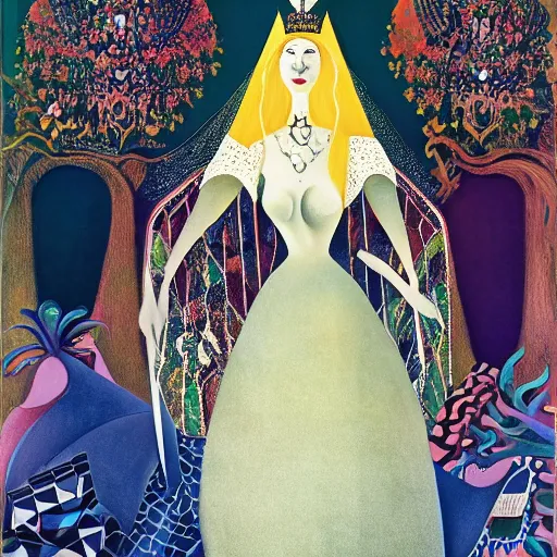 Image similar to a Hungarian portrait of a Queen, by Marcel Jankowicz, by Kay Nielsen, by Mary Blair, by Georgia o Keeffe, screenshot, fairy tale, dark fantasy