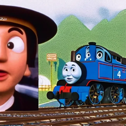 Prompt: thomas the tank engine but his face is steve buscemi in the style of wes anderson, cinematic