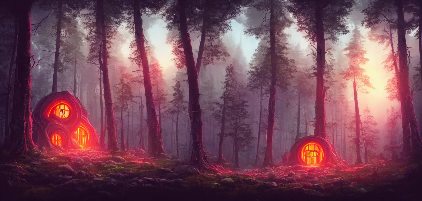 Prompt: random scary forest house landscape, round glowing vivid colour neon portal, incredible, vector art, octane render, fabulous, hyper detailed, random cinematic view, no noise, global illumination, warm lighting, volumetric, godrays, vivid, beautiful, by jordan grimmer