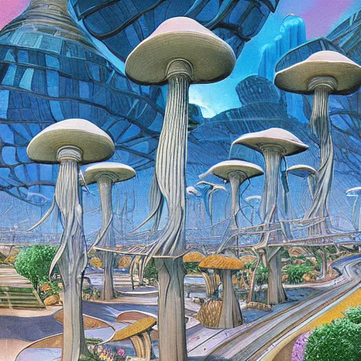 Prompt: scifi advanced mushroom city streets, modern architecture, by marianne north, by michael parkes, concept art