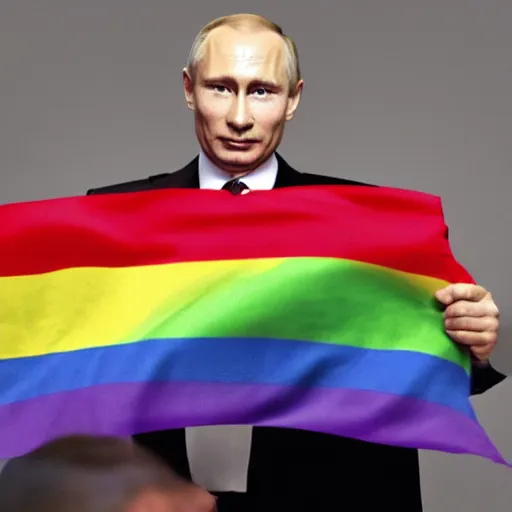 Prompt: a photo of vladimir putin holding a gay pride flag