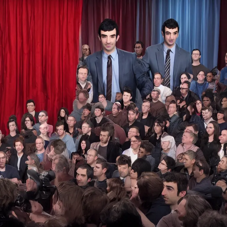 Image similar to focused dslr photograph of hundreds of nathan fielder from nathan for you on comedy central controlling a puppet version of himself filmed by a tv crew on a stage with a red curtain, meta, fractal, trippy, high detail!!! 8 k, photorealism, sharp focus, volumetric lighting, coherent!!! art directed, rule of thirds, face