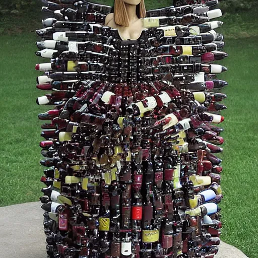 Prompt: natalie portman sculpture made out of wine bottles