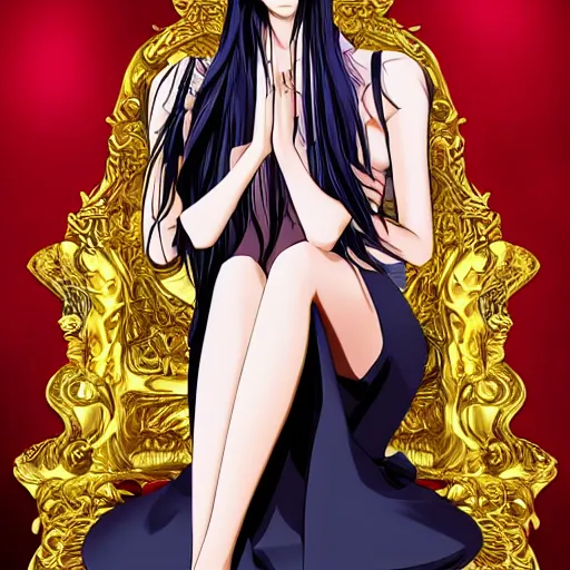 Prompt: anime woman with ridiculously long hair, sitting on a golden throne
