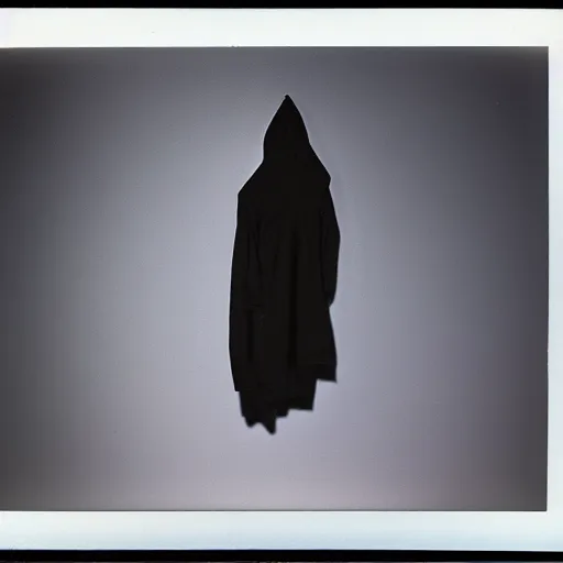 Prompt: shot of an empty hoodie hanging in the air in 80s, Polaroid photo, by Warhol