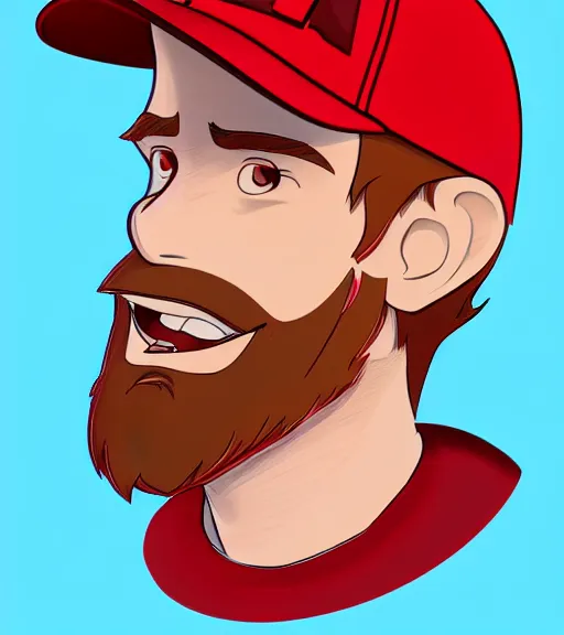 Prompt: tall white guy with short blonde beard wearing a nc state red baseball cap and red shirt full color digital illustration in the style of don bluth, artgerm, artstation trending, 4 k