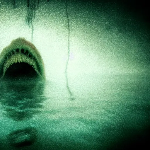 Image similar to sea monster about to eat pov underwater, pale skin, dark yellowish water, foggy water, dark, dramatic,'silent hill ', big eyes, alluring and terrifying, cinematic