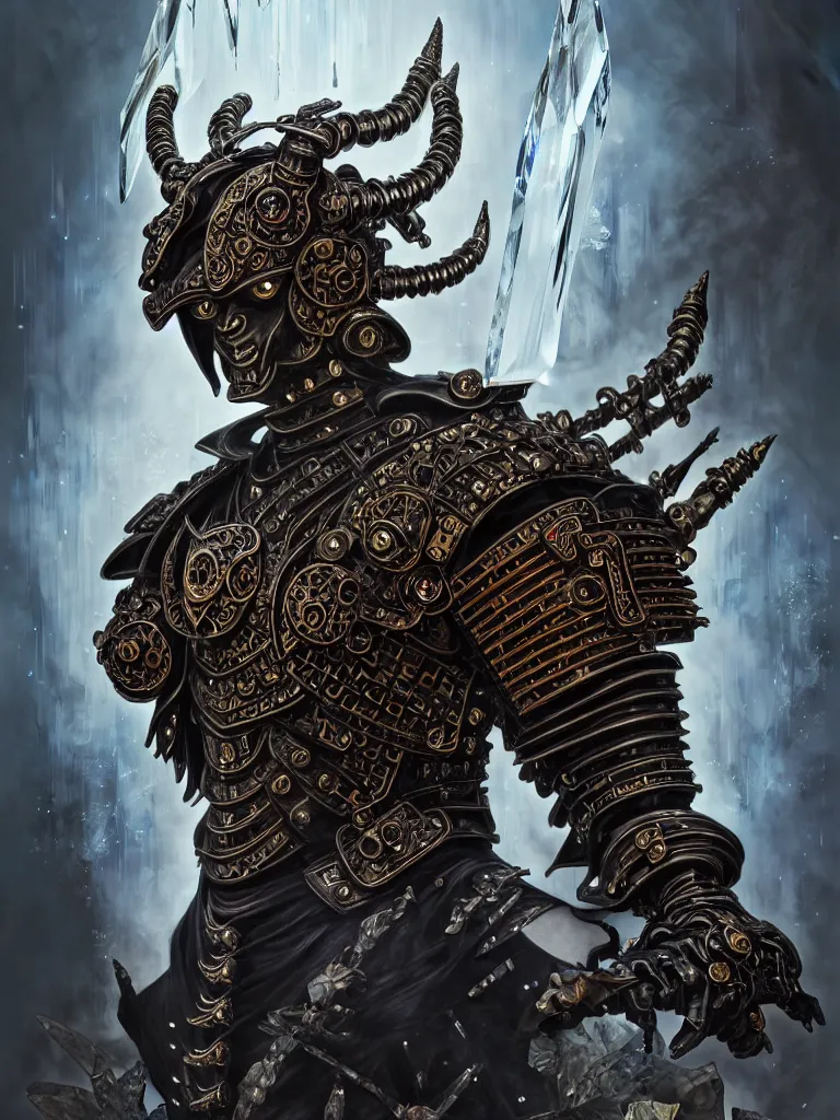 Image similar to asura from chinese myth, ancient japanese samurai, luxurious armor mixed with leather and metal, gothic diablo art, rococo art, cyberpunk, mecha, halfturn portrait of a big crystal face made of crystals half - turn, ominous, intricate, studio, art by anthony macbain + greg rutkowski + alphonse mucha, concept art, 4 k, sharp focus