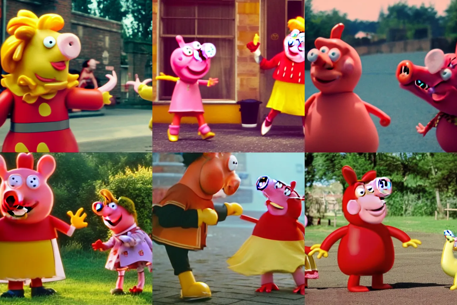 Prompt: an epic fightscene between ronald mcdonald and peppa pig, film still, red 8k camera, highly detailed