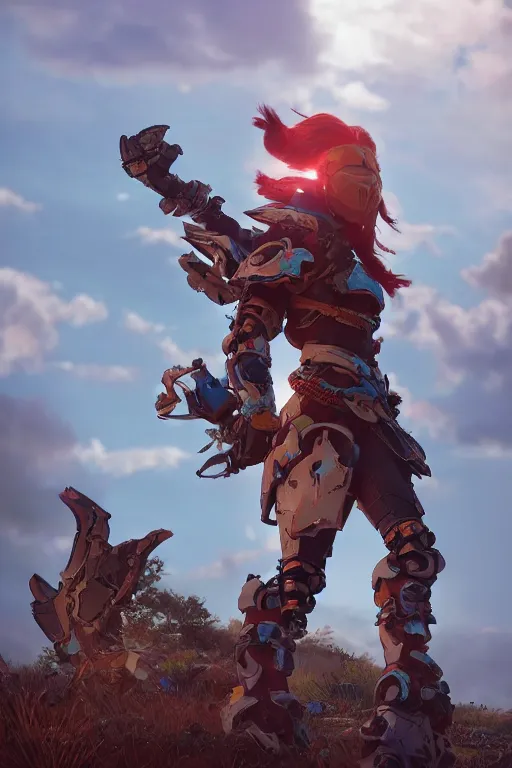 Image similar to combination suit armor aloy horizon forbidden west horizon zero dawn robot ninja mask helmet backpack tribal, aesthetic octane render, 8 k hd resolution, by ilya kuvshinov and cushart krentz and gilleard james radiating a glowing aura cgi rtx 2 0 2 2