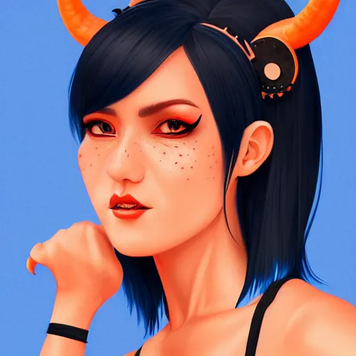 Image similar to illustrated realistic portrait of ram-horned devil woman with blue bob hairstyle and her tangerine colored skin and with solid black eyes wearing leather by rossdraws