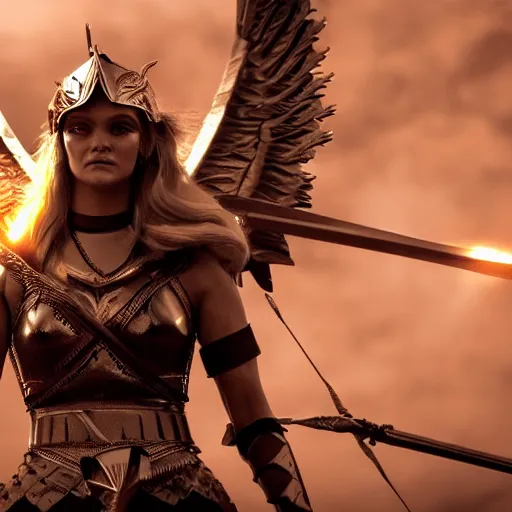 Image similar to beautiful valkyrie with sword, cinematic lighting, elegant, powerful, sharp details