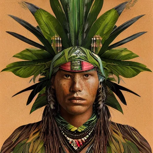 Prompt: a male tupi guarani warrior portrait, tropical plants covering the top part of his face, art by marco mazzoni, dark background, asymmetrical