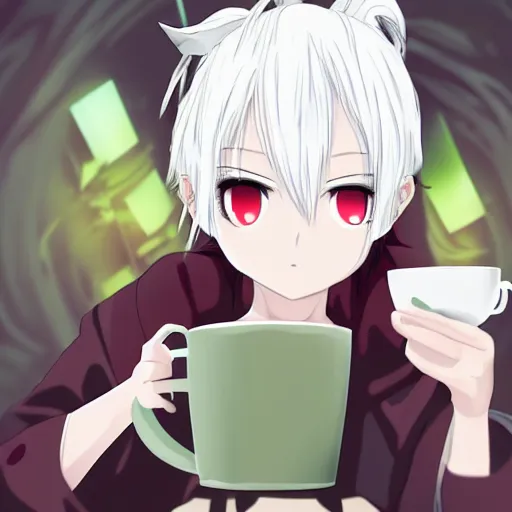 Image similar to white hair, red eyes, two small horn on the head, anime style, anime girl holding a cup of coffee