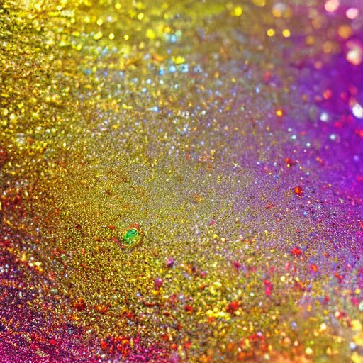 Image similar to a wet swirling mixture of gold paint and very colorful colored pigment particles glitter suspended in a turbulent liquid, captured in slow motion, crystal clear focus, macro photography lens closeup, slow-motion pour, dumpedpaint glittery, shimmering, speculars