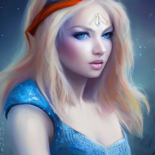 Image similar to A Character Card portrait of a beautiful young female face by Julia Razumova. She has perfect white skin like silk. She has blonde hair and stunning blue eyes. She has pretty lips and she wears a dark hood over her hair. blue crystal shards illuminated by orange fireflies as background. trending on artstation