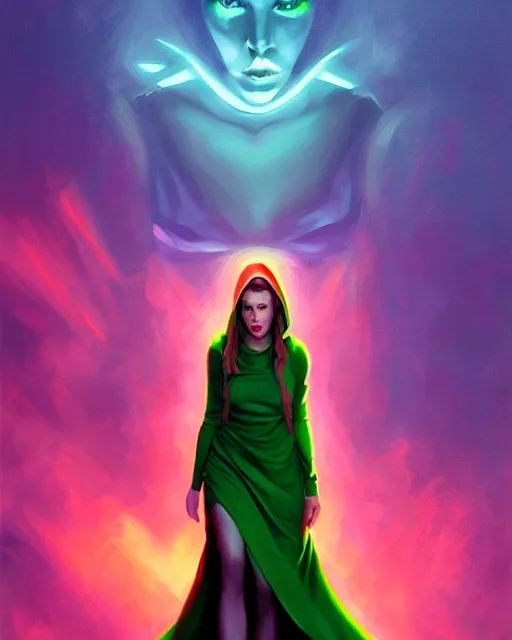 Prompt: Mandy Jurgens art, Irina French art, Rachel Walpole art, cinematics lighting, beautiful Anna Kendrick supervillain, green dress with a black hood, angry, symmetrical face, Symmetrical eyes, full body, flying in the air over city, night time, red mood in background