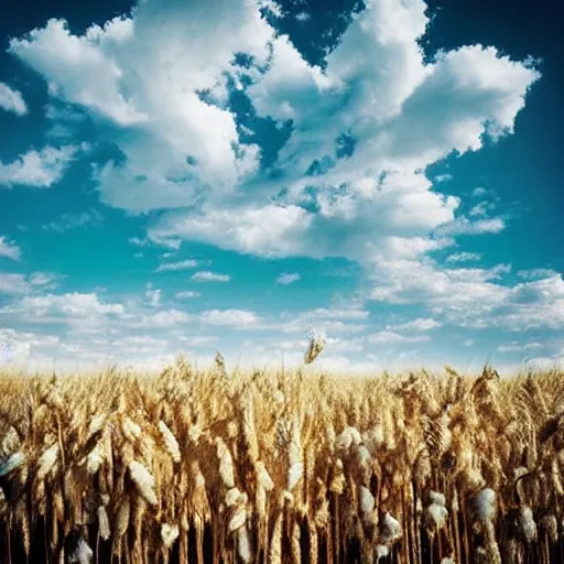 Image similar to “cotton candy clouds over a field of wheat and rivers of chocolate, high definition, digital art, high quality, whimsical, atmospheric”