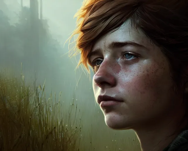 Image similar to highly detailed portrait of jessie buckley, in the last of us, stephen bliss, unreal engine, fantasy art by greg rutkowski, loish, rhads, ferdinand knab, makoto shinkai and lois van baarle, ilya kuvshinov, rossdraws, tom bagshaw, global illumination, radiant light, detailed and intricate environment