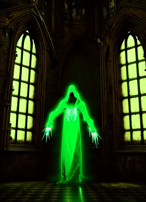 Prompt: character and environment design, biomechanical arcanist in church on castle hallway, tattered robe and hood, green lightning, fog, scary, arrogant, hostile, photorealistic, cinematic, hyper realistic, octane render, 8 k, wide angle