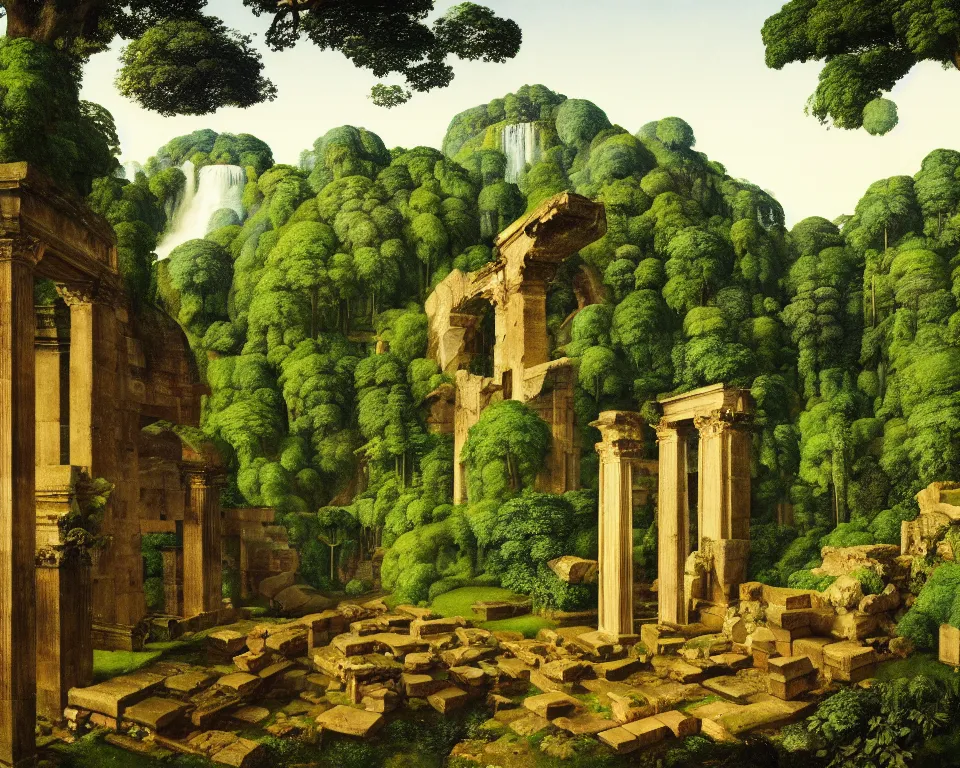 Prompt: an achingly beautiful print of Roman ruins in a jungle clearing with a waterfall in the distance by Raphael, Hopper, and Rene Magritte. detailed, romantic, enchanting, trending on artstation.