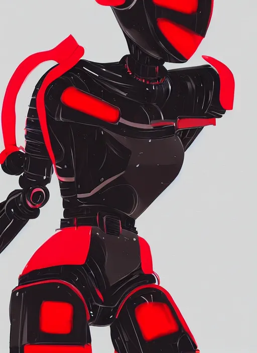 Image similar to a robot wearing a black grey and red outfit, full body shot, highly detailed, digital painting, artstation, concept art, smooth, sharp focus, illustration, cartoon