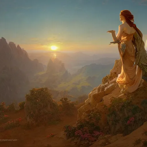 Image similar to an ultradetailed matte landscape painting of mountain sized sculpture of a beautiful and elegant woman, sunrise on the horizon in the background, stone hand raised up, 8 k, art by greg rutkowski and alphonse mucha and andreas rocha and albert bierstadt