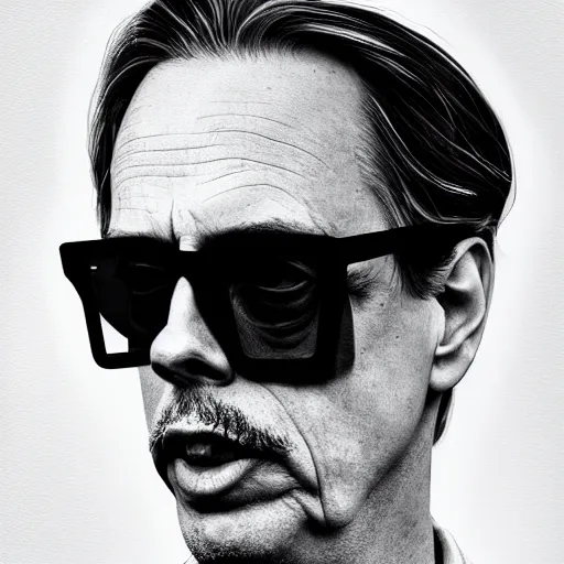 Image similar to 8 5 mm f 1. 8 photograph of steve buscemi wearing shutter shades, highly detailed, digital painting, artstation, smooth, sharp foccus, commercial photography, fashion shoot