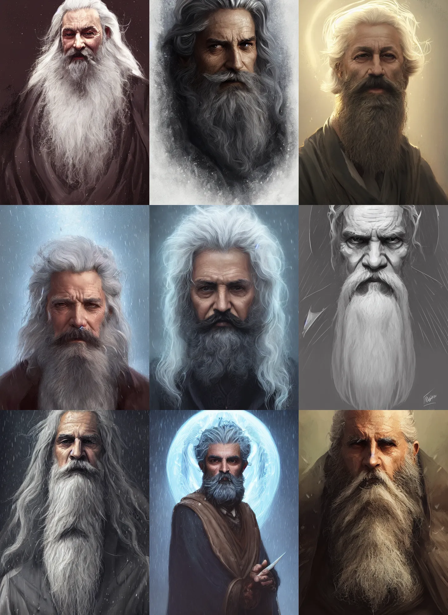 Prompt: portrait david doukhan as old male warlock, storm, rain, ghost, long hair, beard, moustache, d&d, intricate, elegant, highly detailed, digital painting, artstation, concept art, smooth, sharp focus, illustration, daren bader, aleksi briclot, rutkowski, bouguereau